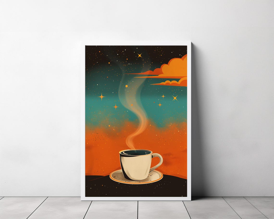 White Coffee Cup On Saucer In A Cosmic Orange Sky Art Poster - Image 3