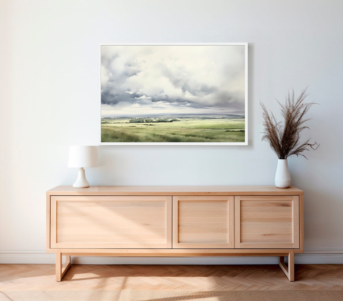 Green Meadow Under Storm Clouds Soft Watercolor Landscape Poster - Image 2