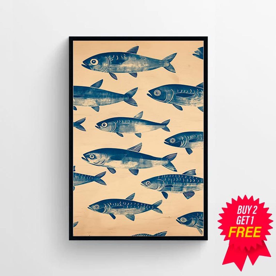 Retro Sardines School Pattern on Beige Kitchen Fish Art Poster - Image 4