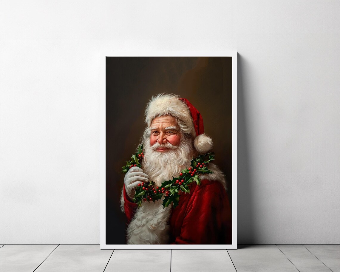 Santa Wearing Holly Garland Vintage Christmas Painting Poster - Image 3
