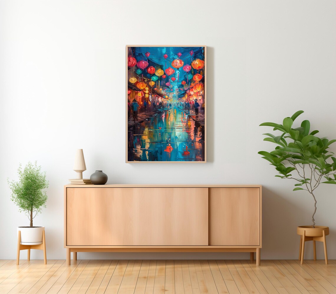 Hoi An Lantern Festival Night Street Reflections Oil Painting Poster - Image 2