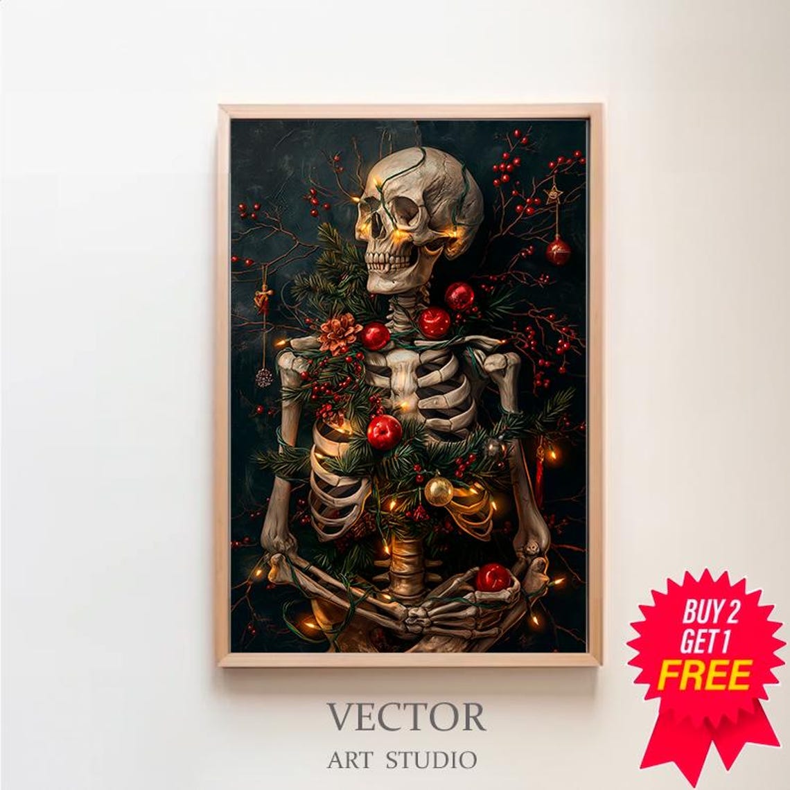 Festive Skeleton With Red Berries Ornaments Dark Christmas Art Poster