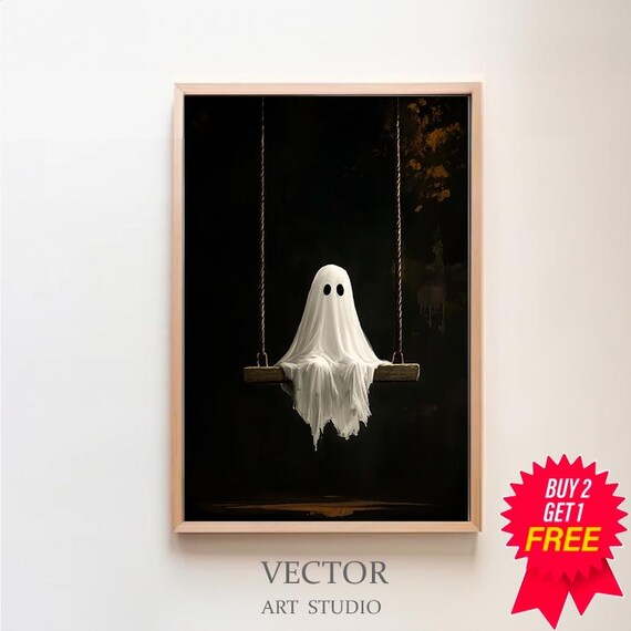 Adorable Sheet Ghost Sitting on a Swing in the Dark Night Poster