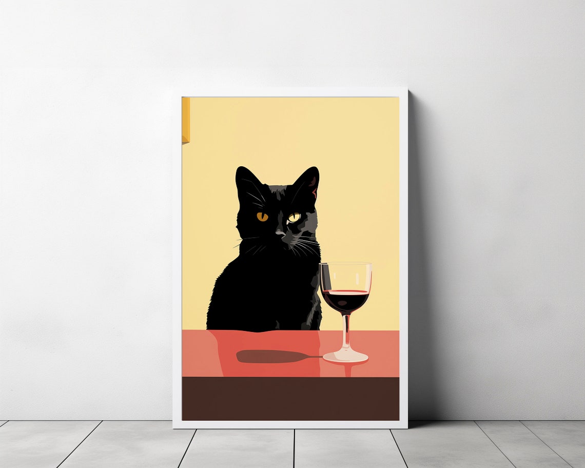 Sleek Black Cat Enjoying a Glass of Red Wine at a Table Poster - Image 3