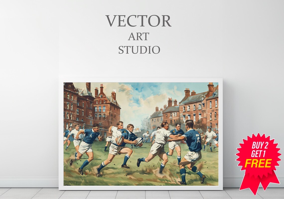 Vintage Rugby Match Players In Action Painting Sports Poster - Image 3