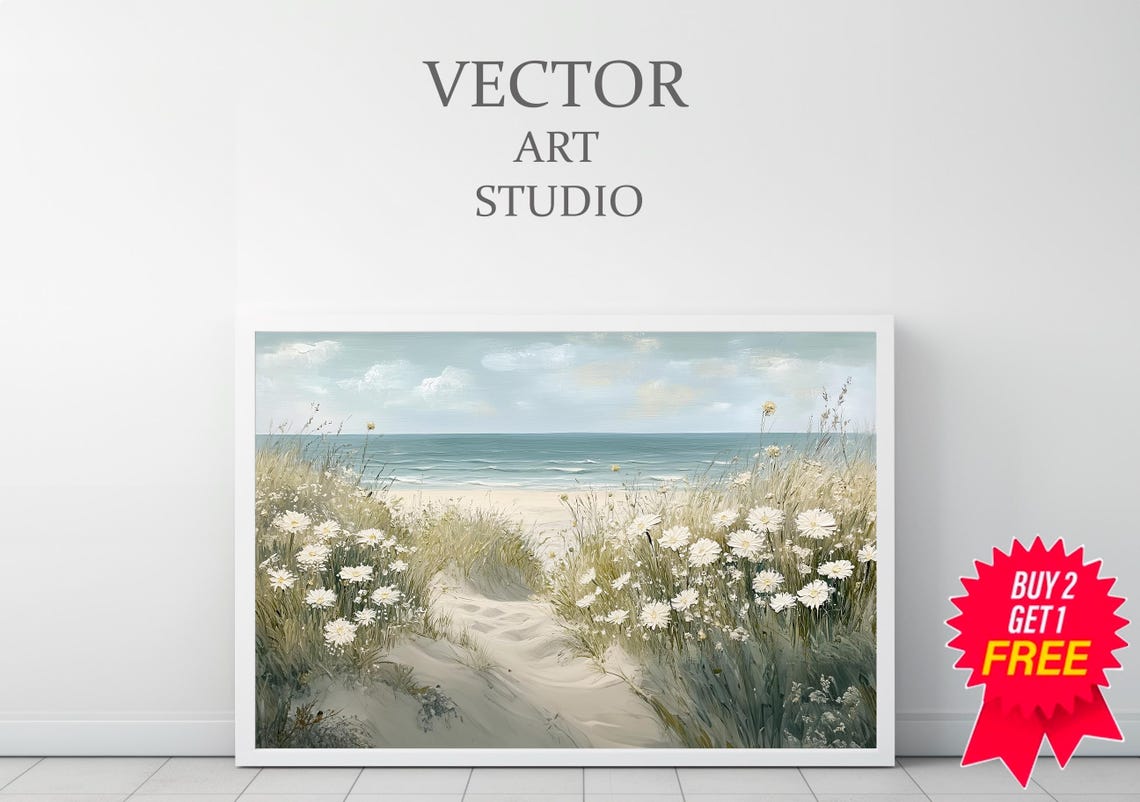 Sandy Beach Path Through White Wildflowers by the Ocean Poster - Image 3