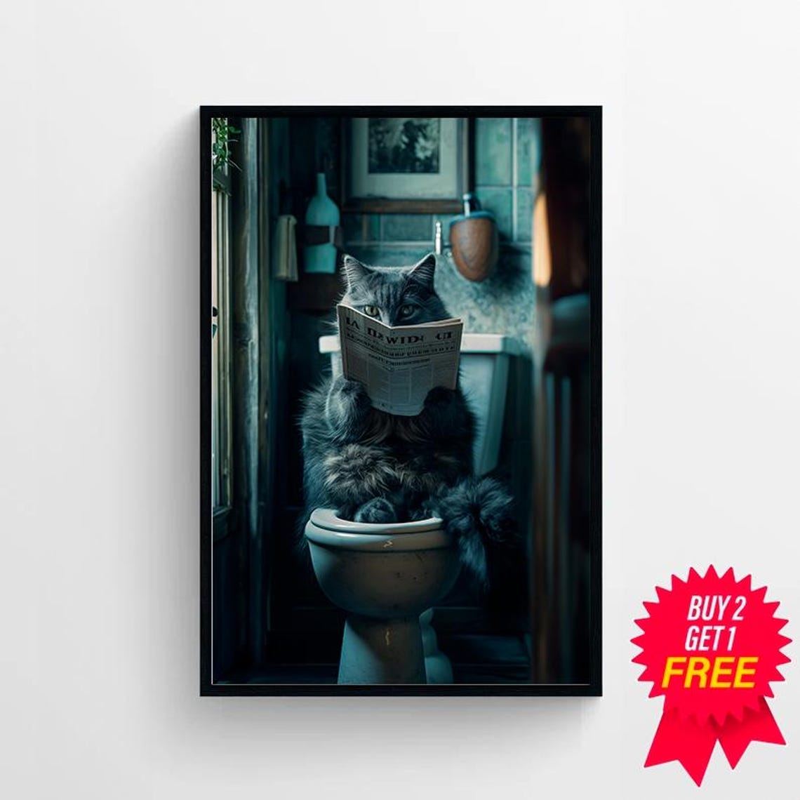 Funny Cat Reading Newspaper On Toilet Humorous Bathroom Poster - Image 4