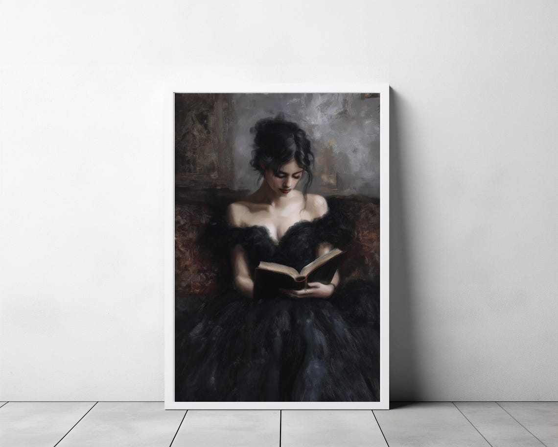 Victorian Lady Reading in a Black Gown Dark Academia Portrait Poster - Image 3