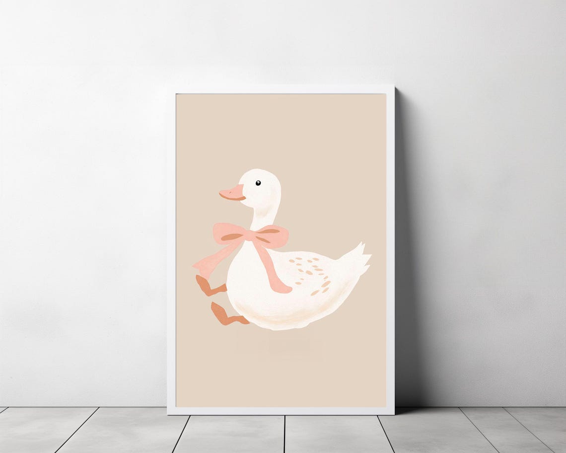 Silly Goose With a Pink Bow on a Beige Minimalist Nursery Art Poster - Image 3