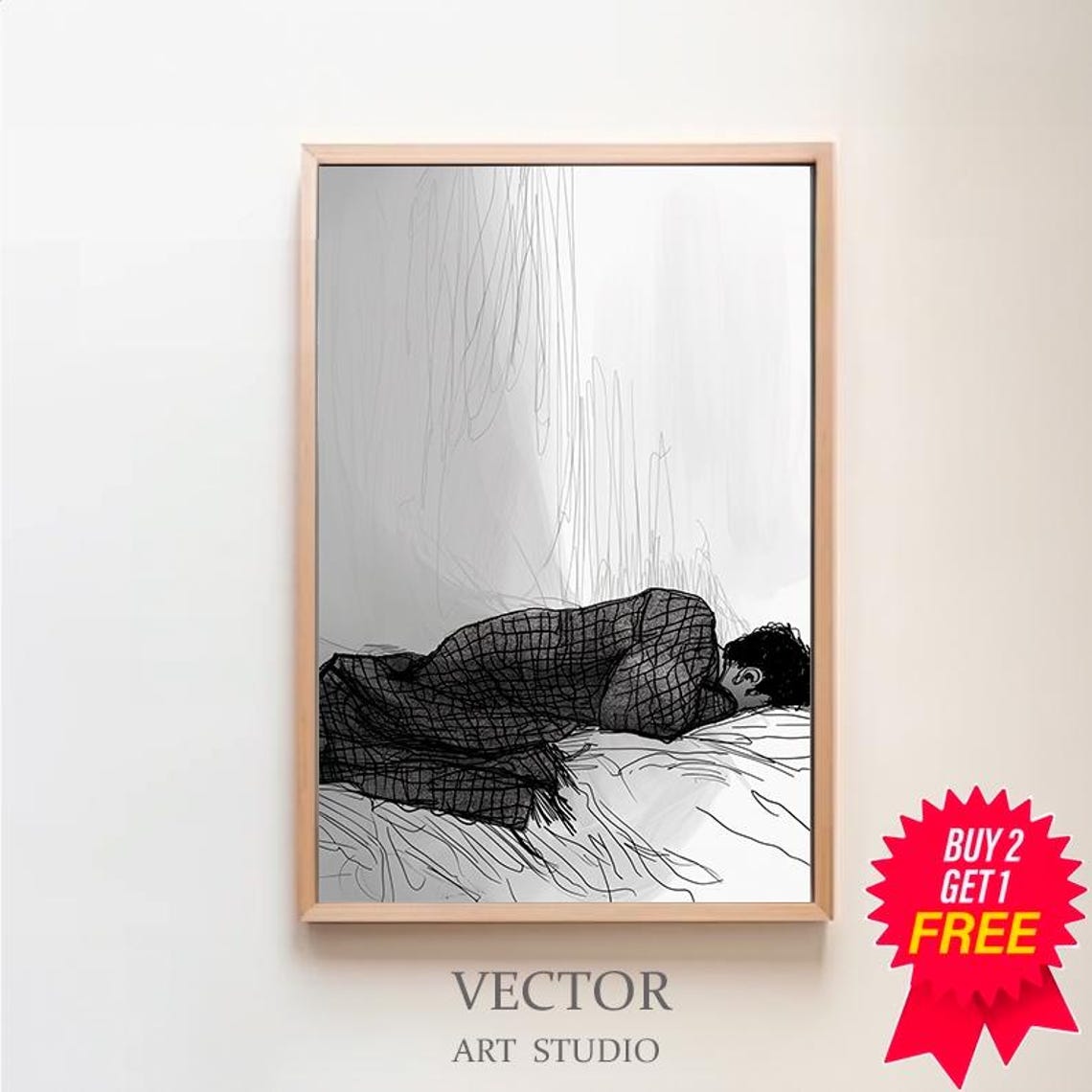 Sleeping Man Minimalist Ink Line Drawing People Sketch Poster
