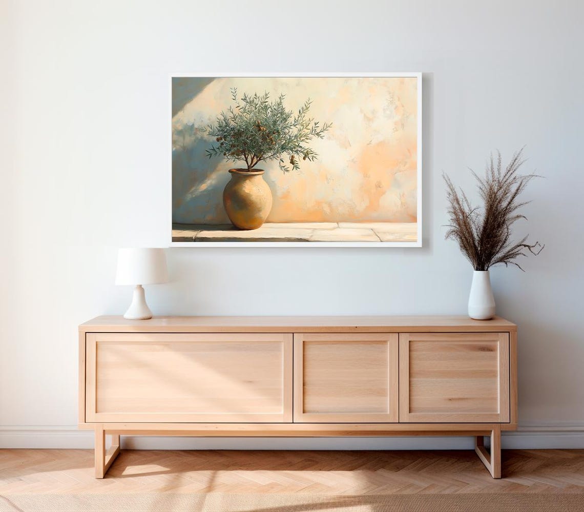 Sunlit Olive Tree In Rounded Clay Pot Mediterranean Style Poster - Image 2