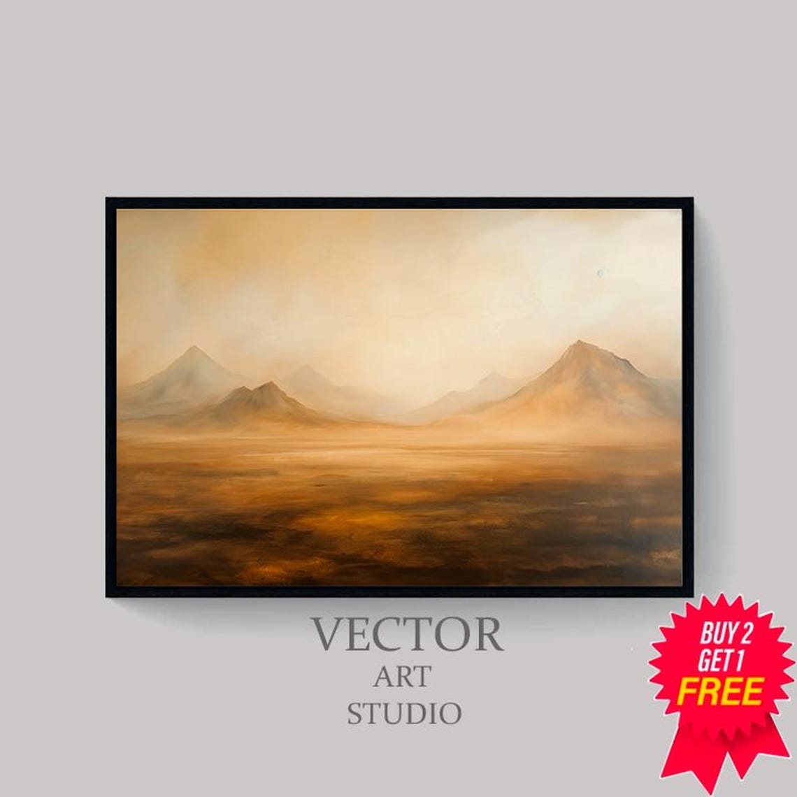 Misty Mountains Over Amber Desert Minimalist Moody Landscape Poster - Image 4