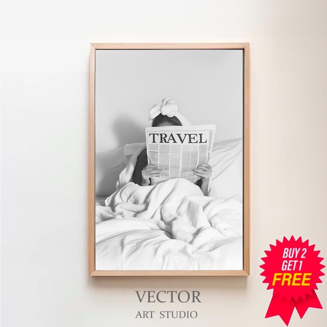 Woman Reading Travel Newspaper in Bed Black and White Poster