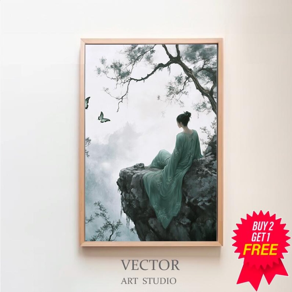 Artemis in Sage Robe Sitting on Cliff Misty Peaks Butterflies Poster