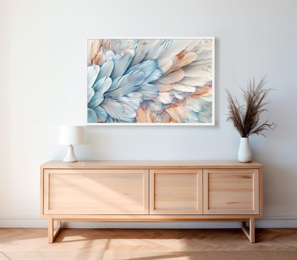 Close Up Feather Painting in Blue Beige and White Tones Poster - Image 2