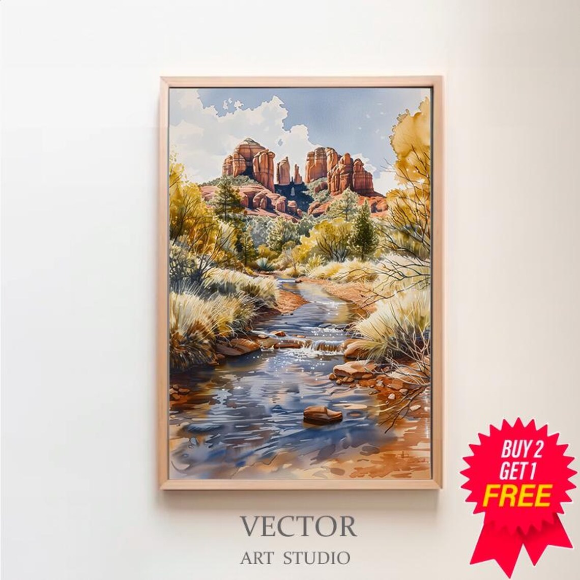 Sedona Arizona Red Rocks Watercolor Landscape Desert Creek Poster