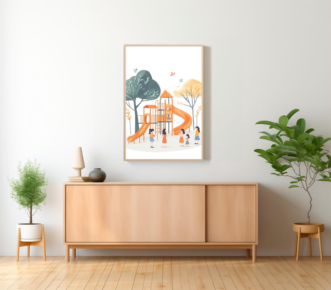 Happy Kids Playing on an Orange Playground Slide Illustration Poster - Image 2