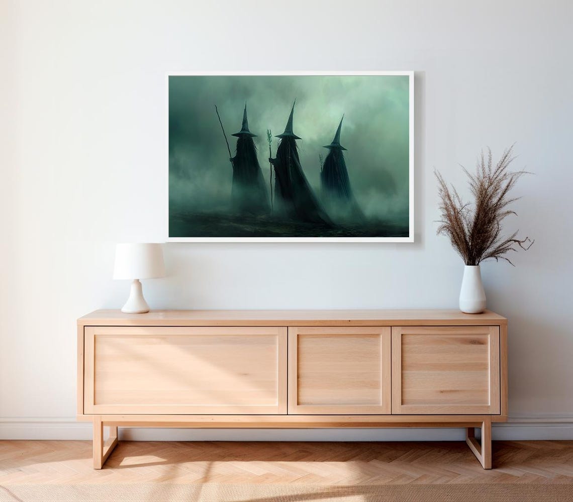 Three Witches In Thick Fog With Staffs Dark Green Coven Poster - Image 2