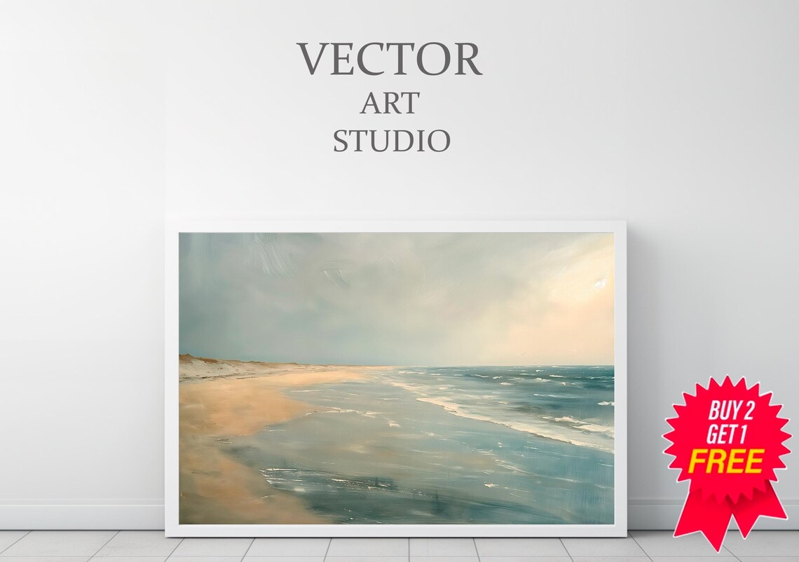 Muted Neutral Beach Seascape Soft Oil Painting Coastal Art Poster - Image 3