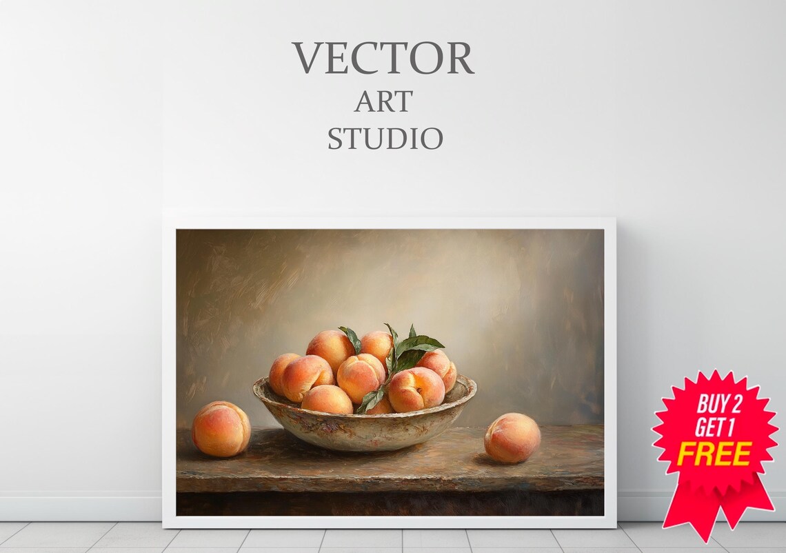 Moody Vintage Fruit Still Life Peaches Oil Painting Collection Tranquil Stillness By Artedya Wall Art - Image 3