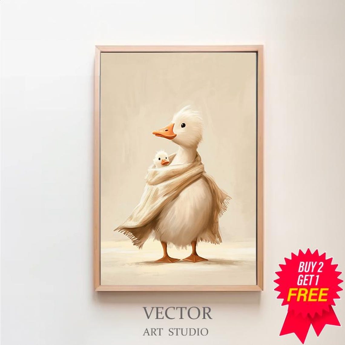 Mother Duck Wrapped in Cream Blanket with Baby Sweet Nursery Poster