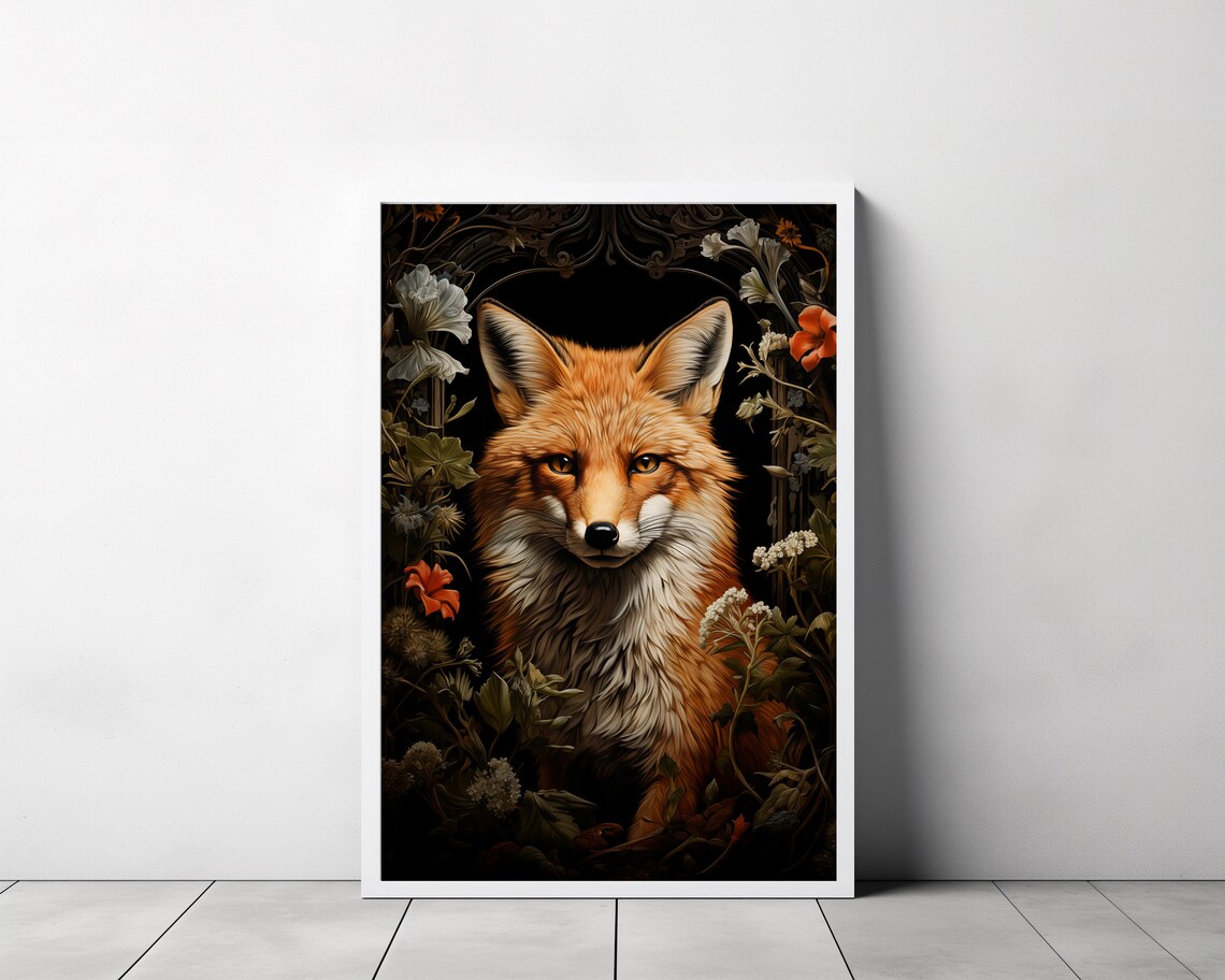 Red Fox Portrait in Dark Moody Floral Frame Wildlife Decorative Art Poster - Image 3