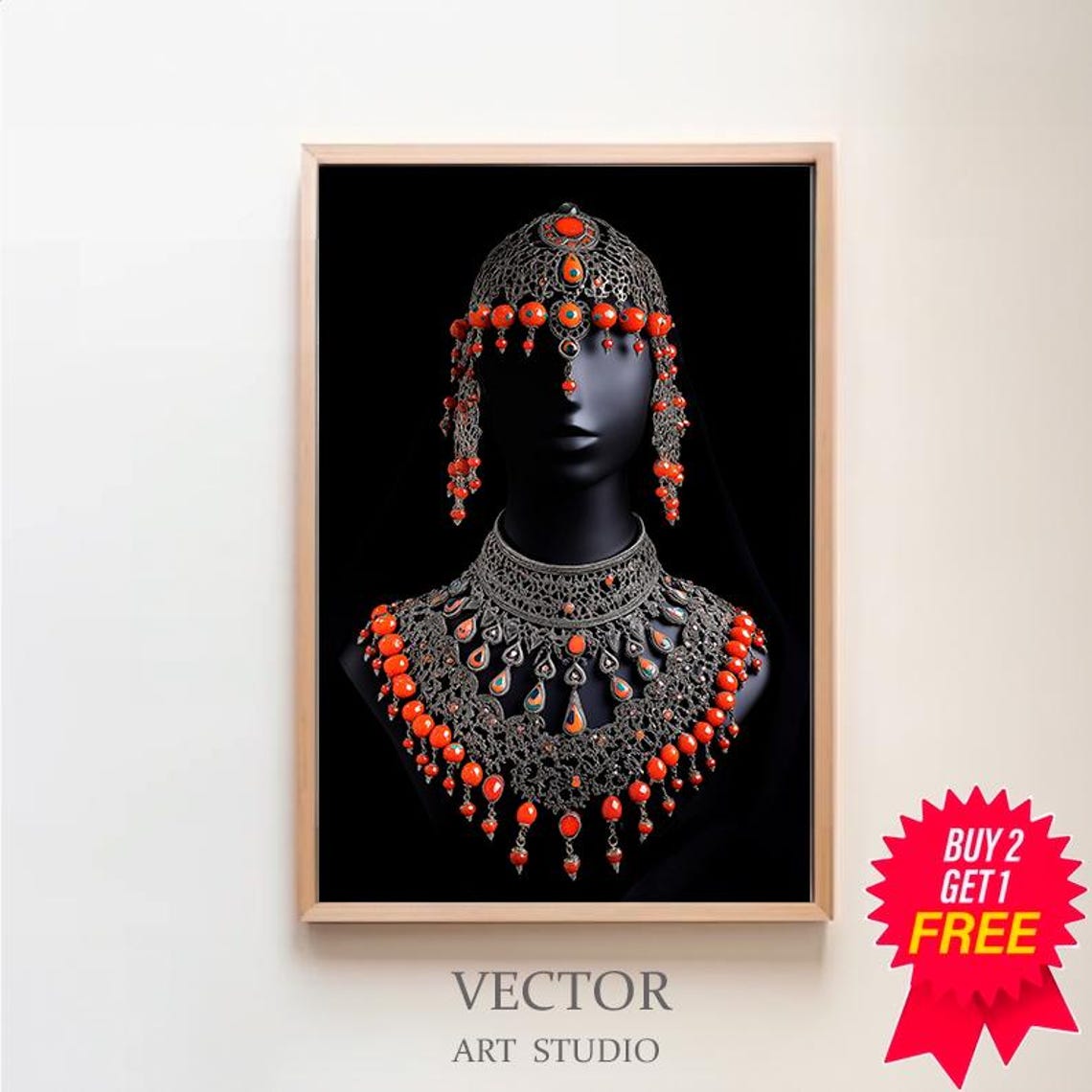 Berber Coral Bead Headdress Silver Filigree Bust Portrait Poster