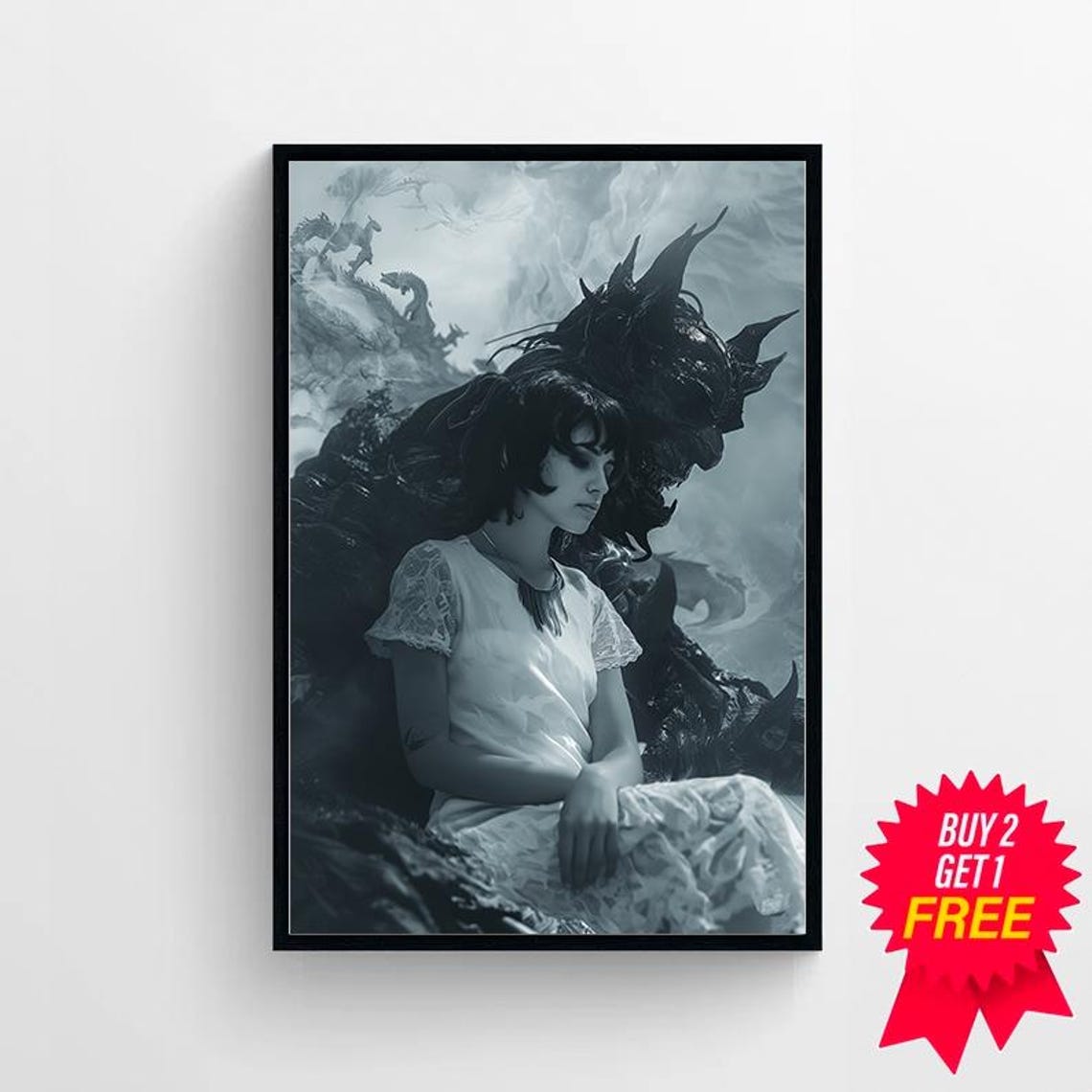 Devil Embrace Woman In White Lace Dress With Demon Gothic Poster - Image 4