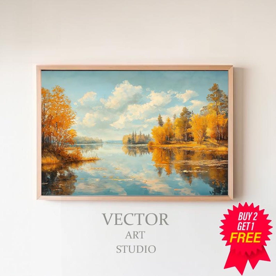 Golden Birch Trees Mirrored in a Still Lake With Clouds Poster