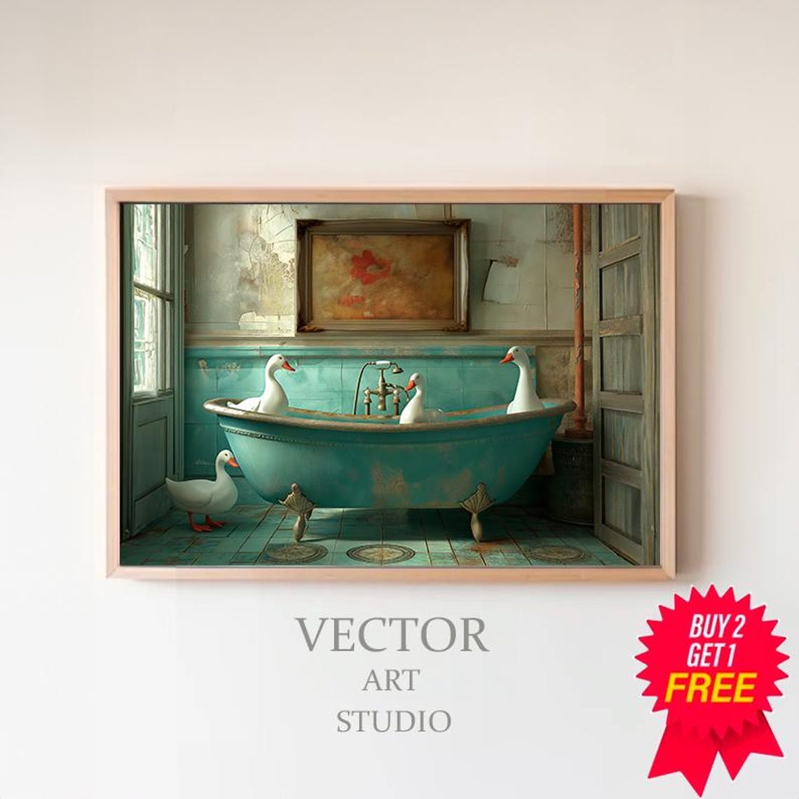 Three White Geese In Teal Bathtub Funny Bathroom Decor Poster