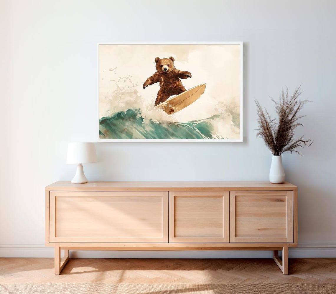 Cute Surfing Bear Riding A Teal Ocean Wave On A Board Nursery Wall Art - Image 2
