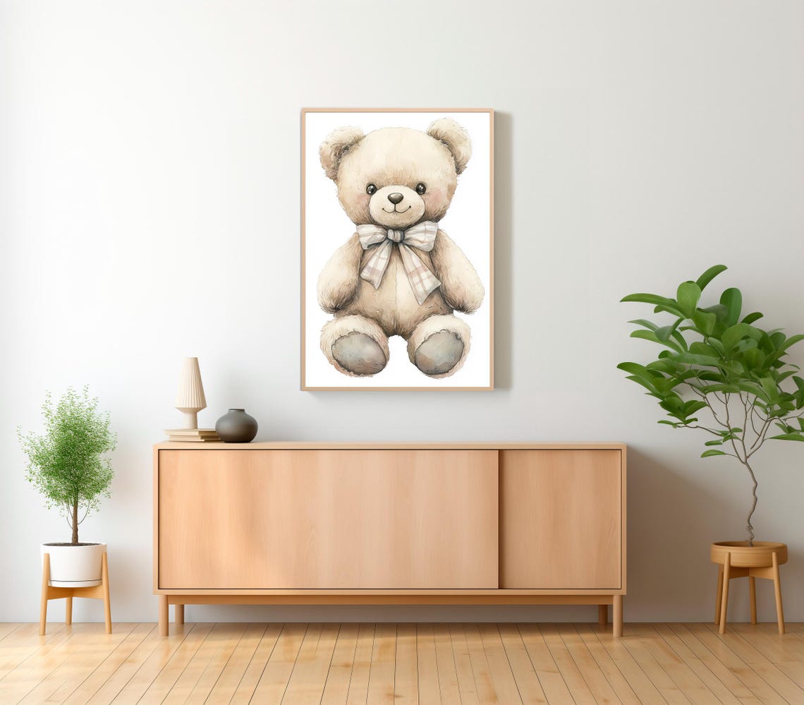 Cream Teddy Bear with Plaid Bow Watercolor Nursery Decor Poster - Image 2