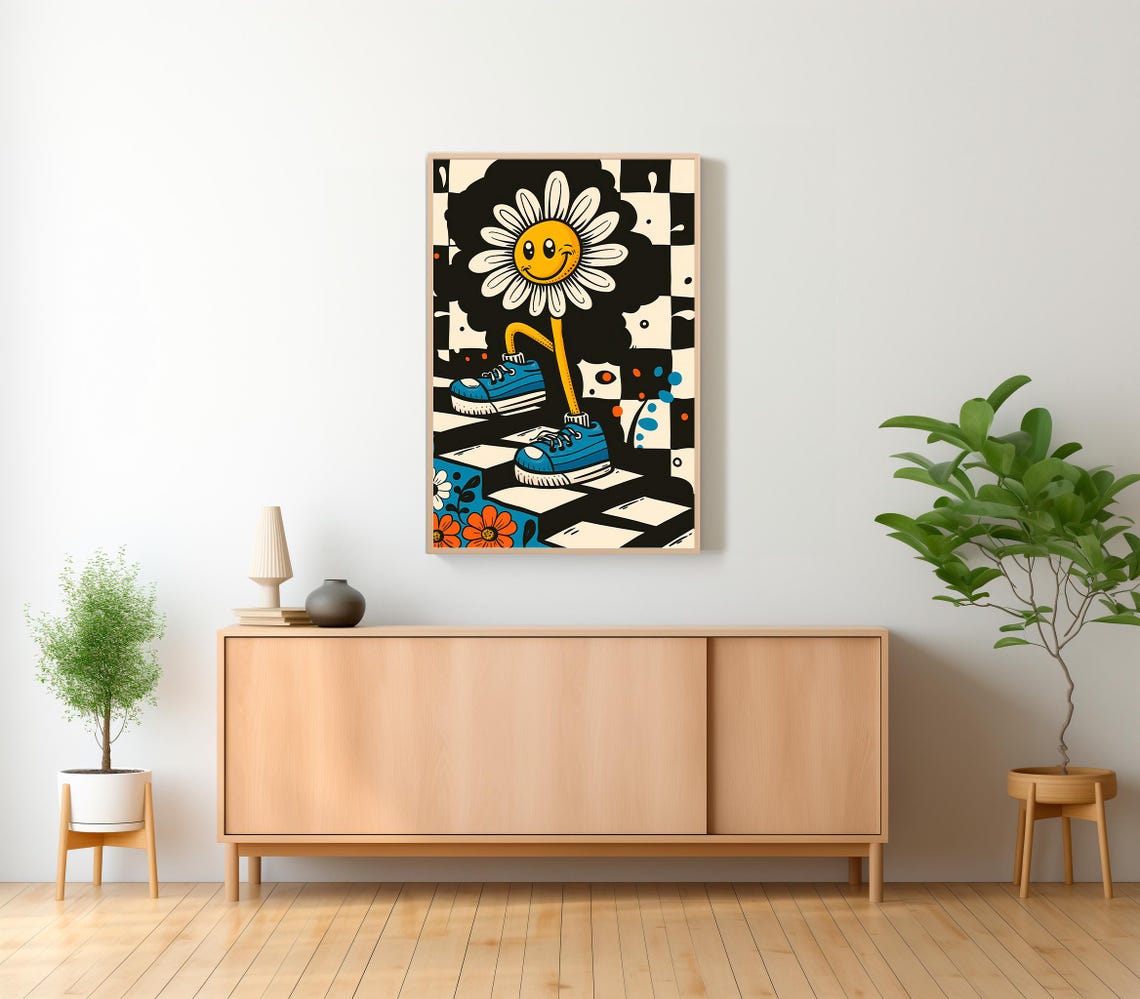Winking Daisy Sneakers Checkered Pop Art Retro Flower Poster - Image 2