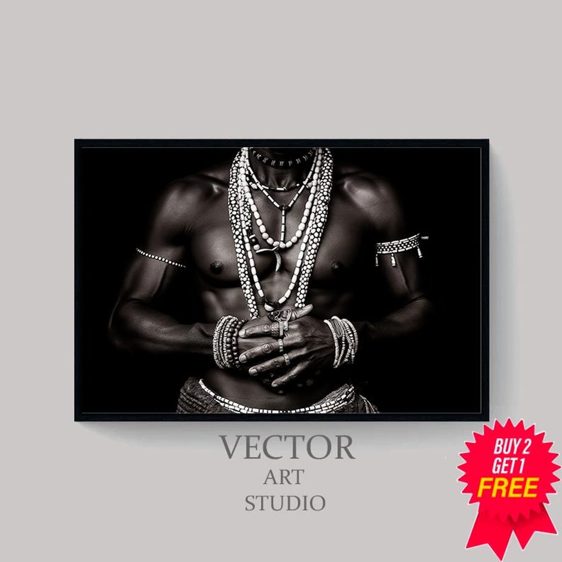 Black and White African Portrait with Beaded Necklaces Art Poster - Image 4