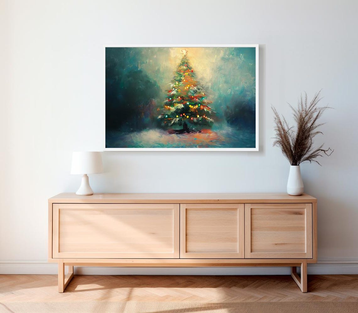 Snowy Christmas Tree with Glowing Lights in a Painterly Winter Poster - Image 3