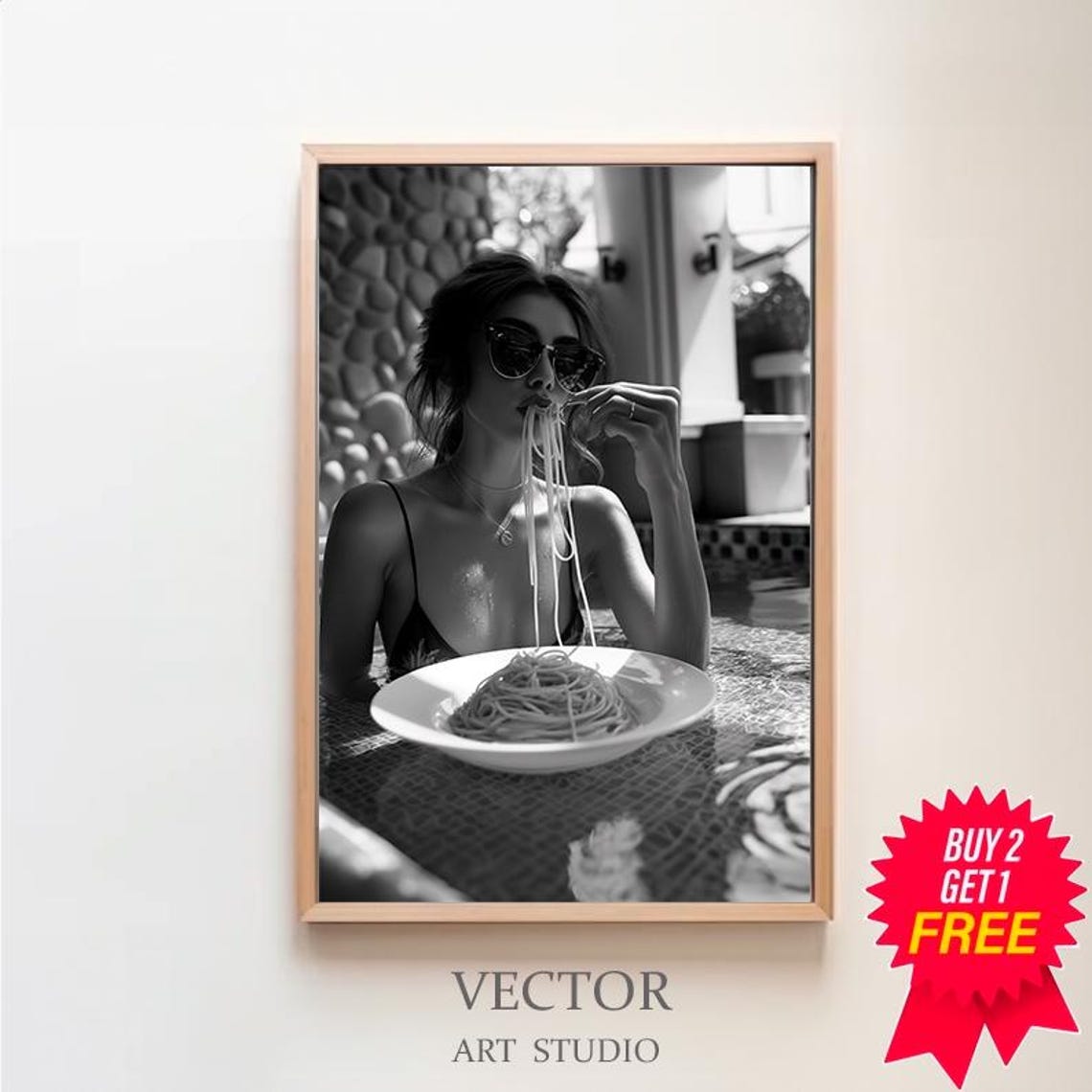 Stylish Woman Eating Spaghetti Poolside Black And White Print