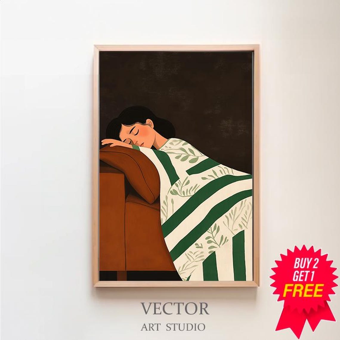 Woman Sleeping Rust Couch Green Stripe Throw Illustration Poster