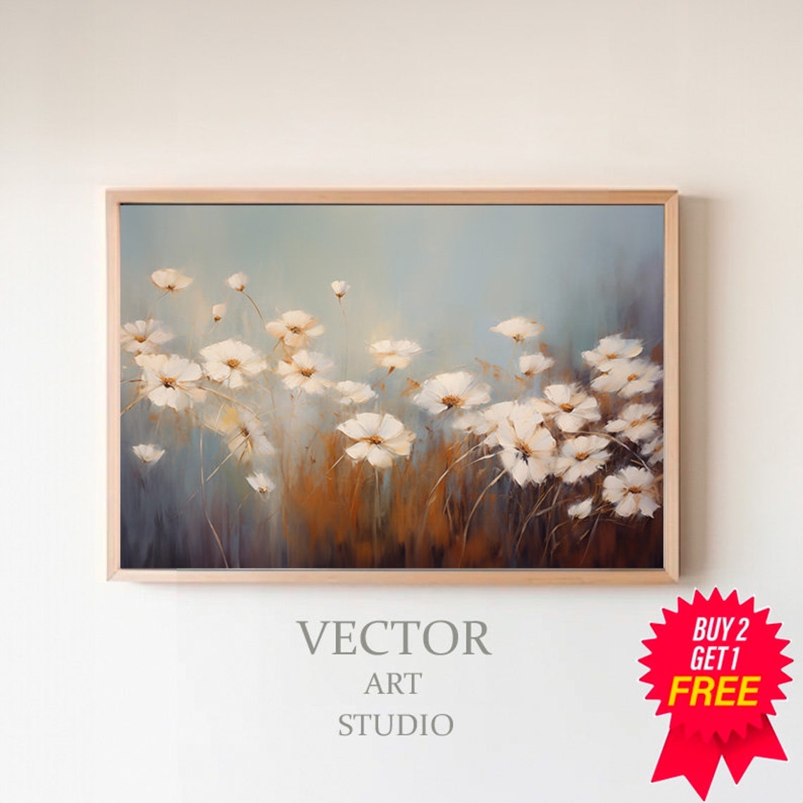 White Cosmos Flowers in Misty Blue Meadow Soft Abstract Floral Poster