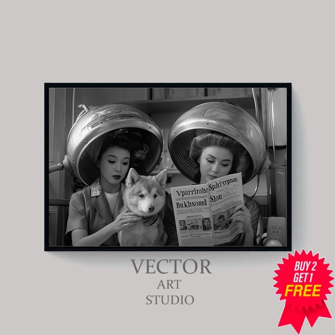 Retro Hair Salon Scene With Two Women and a Dog Vintage Poster - Image 4