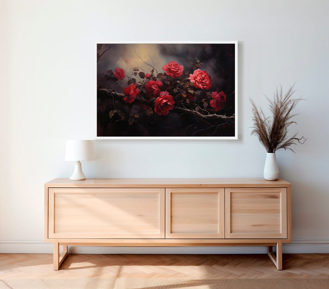Wild Red Roses on Dark Branch Moody Botanical Floral Wall Poster - Image 2