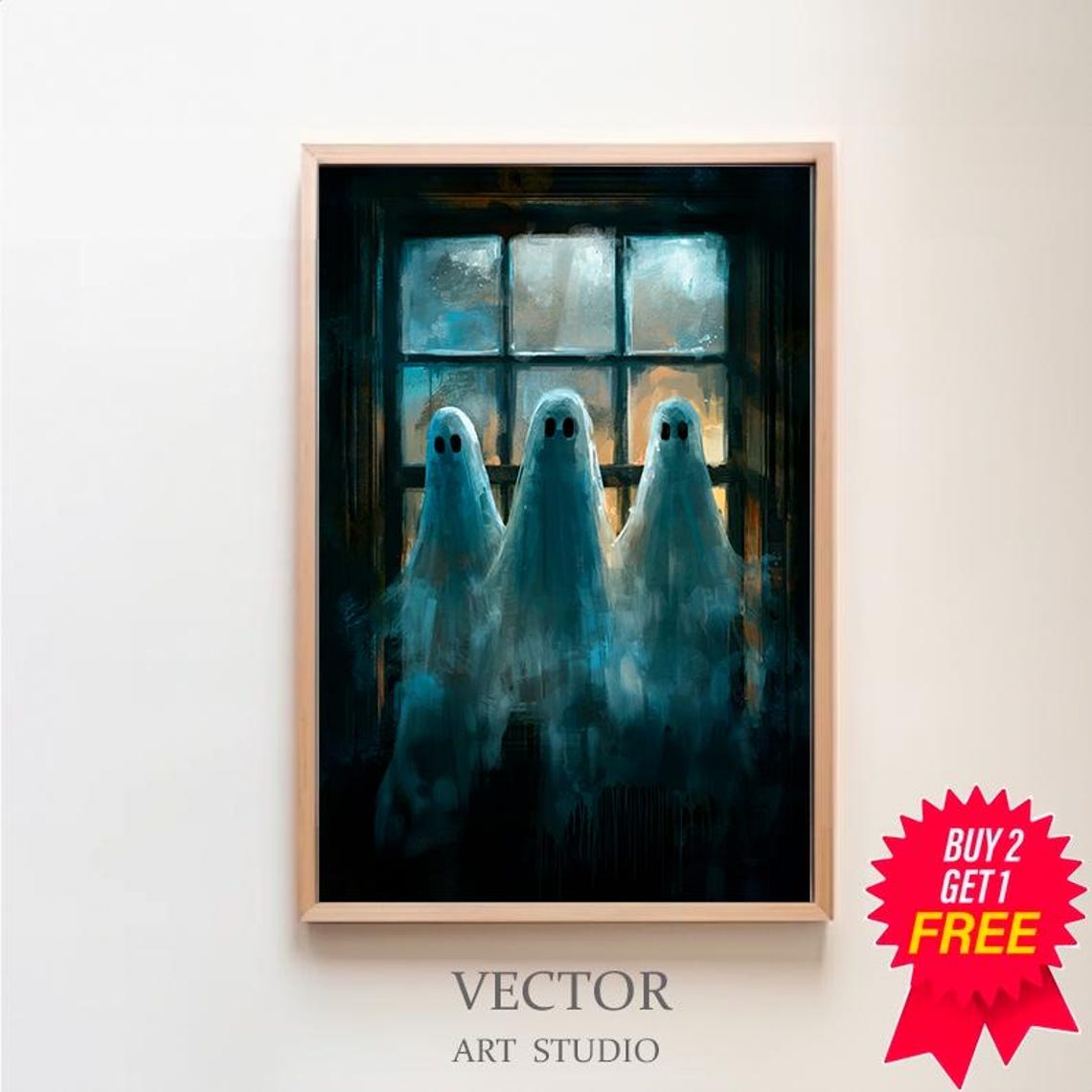 Three Haunting Ghosts By Dark Window Spooky Halloween Ghost Poster