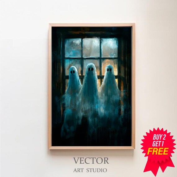 Three Haunting Ghosts By Dark Window Spooky Halloween Ghost Poster