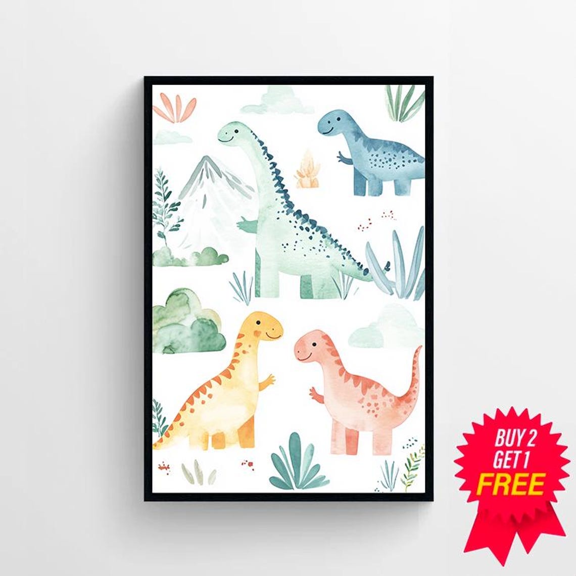 Four Cute Baby Watercolor Dinosaurs on a Clean Kids Nursery Wall Art - Image 4
