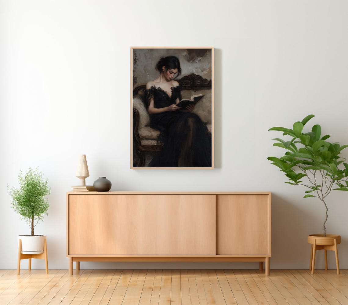 Victorian Lady in a Black Gown Reading on a Velvet Chaise Art Poster - Image 2