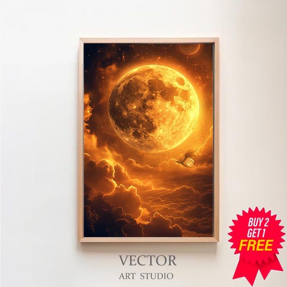 Enchanting Celestial Gold Moon Art Print Vintage Inspired Dark Academia Dark Cottagecore Night Sky Painting