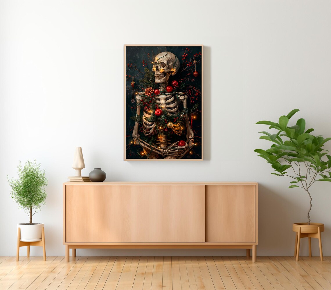 Festive Skeleton With Red Berries Ornaments Dark Christmas Art Poster - Image 2