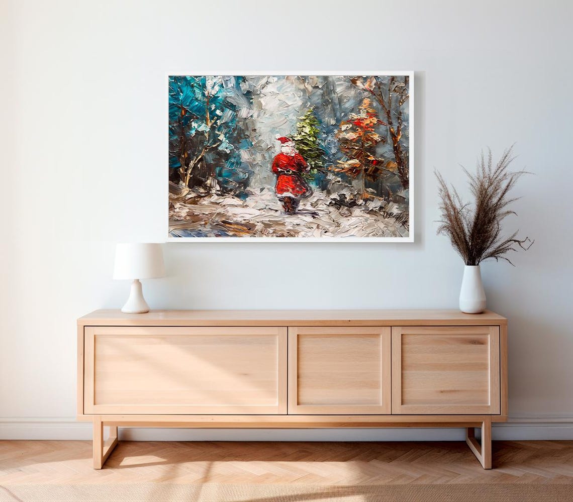 Santa Claus Carrying A Christmas Tree Through Snowy Woods Poster - Image 2