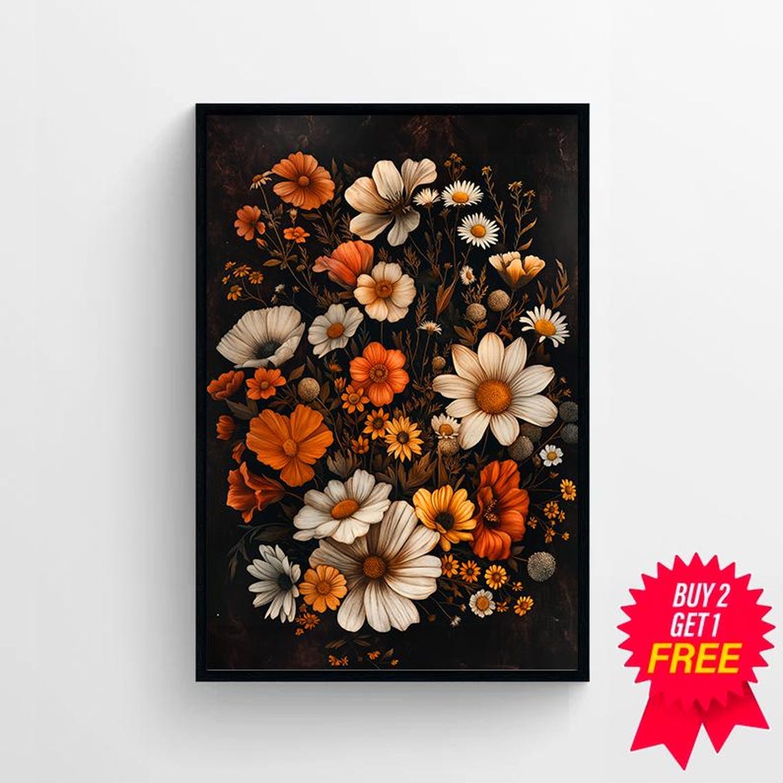 Orange White Wildflower Bouquet Moody Dark Floral Art Poster - Image 4