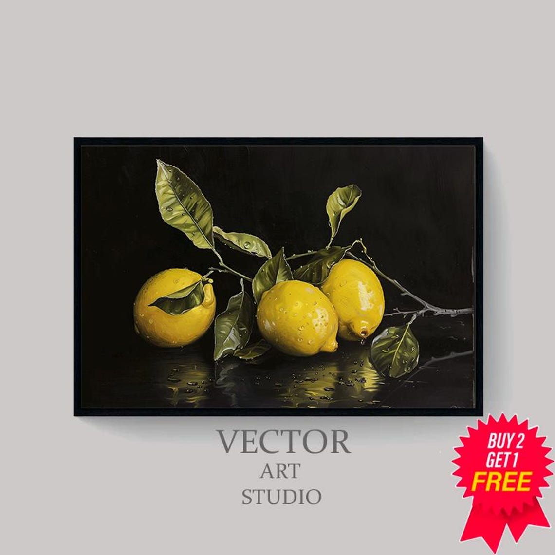 Dewy Lemons on a Branch Oil Painting on Black Background Poster - Image 4