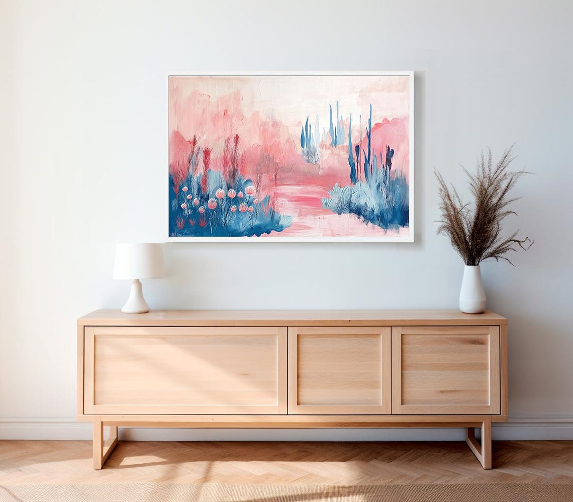 Pink and Blue Misty Abstract Landscape Modern Brushstroke Poster - Image 2